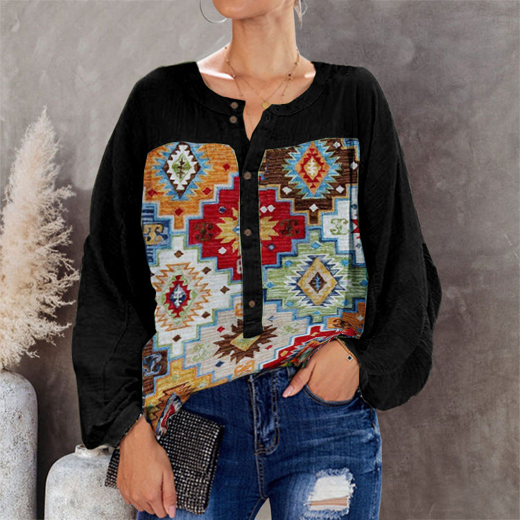 Round Neck Button Retro Print Long Sleeve Ladies Blouse